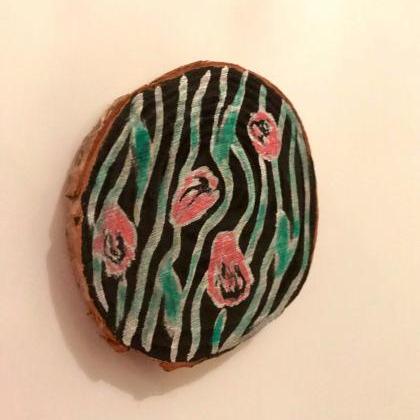Pink Flowers Painted On Wood Magnet