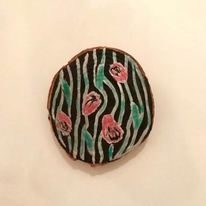 Pink Flowers Painted On Wood Magnet