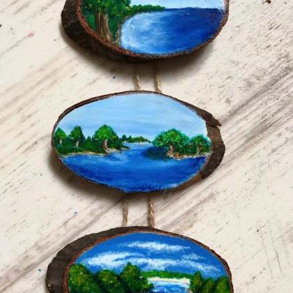 3x Mini Paintings On Wood Slices Hanging On Rope..