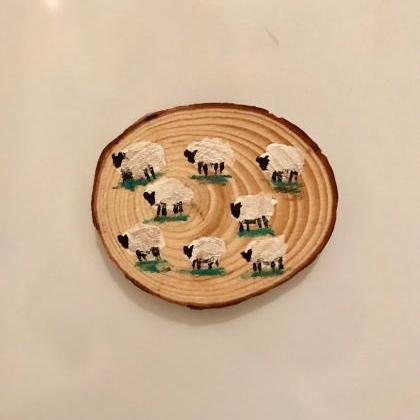 Hand Painted Sheep On Wood Magnet