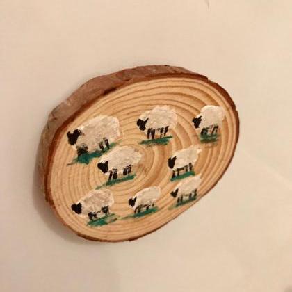 Hand Painted Sheep On Wood Magnet