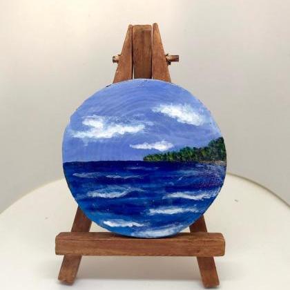 Mini Painting Of Blue Sky And Sea On Wood Slice..