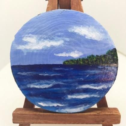 Mini Painting Of Blue Sky And Sea On Wood Slice..