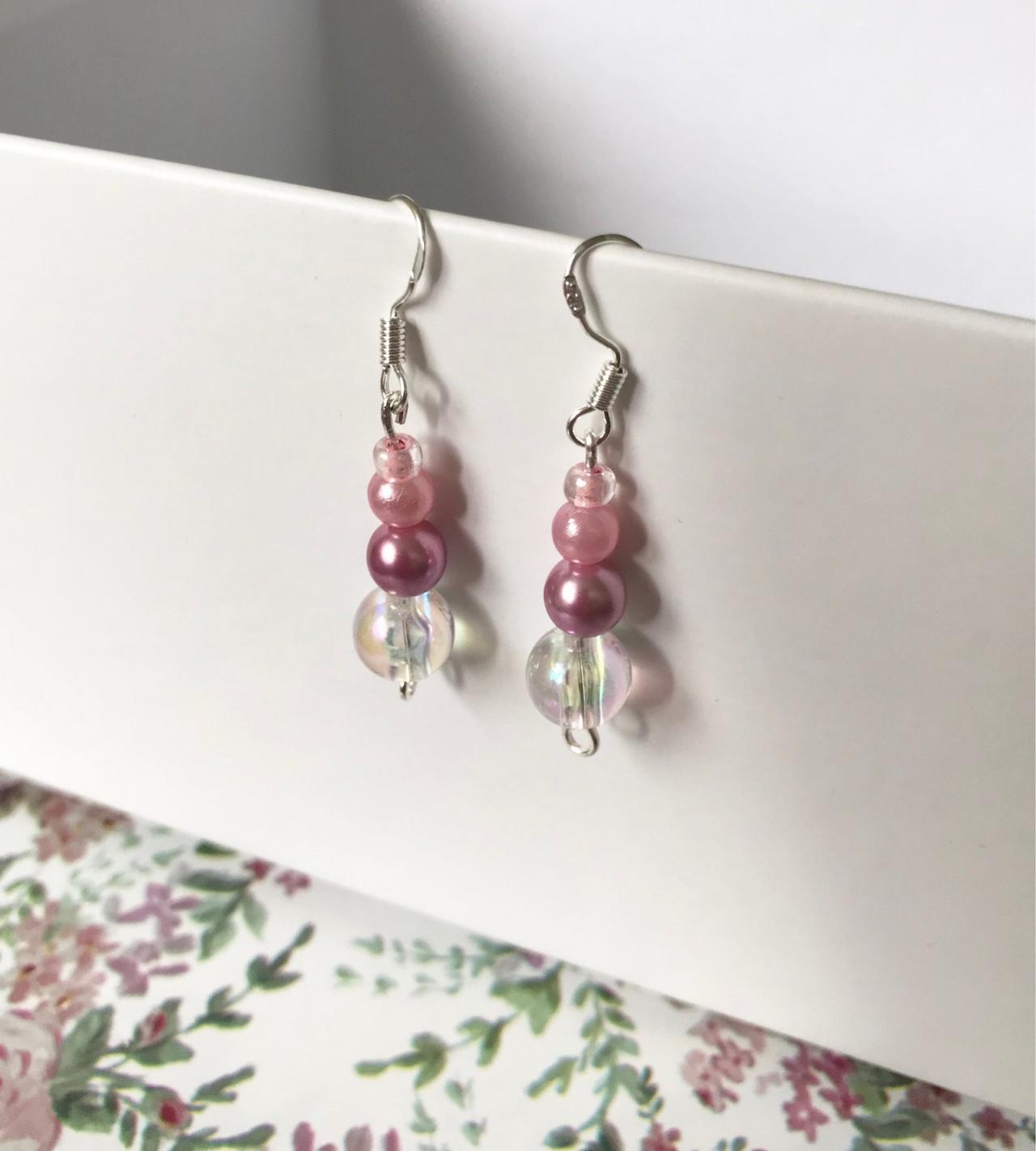 pink beaded drop earrings