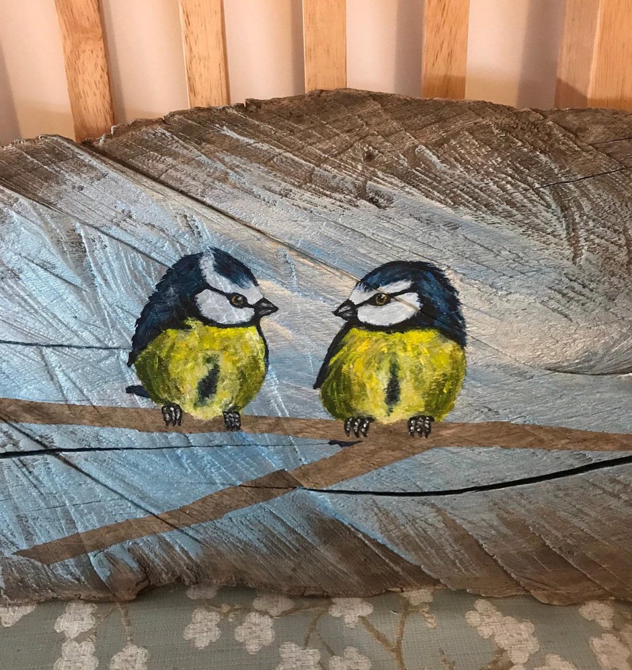 Painted Pair of blue tits on thick drift wood