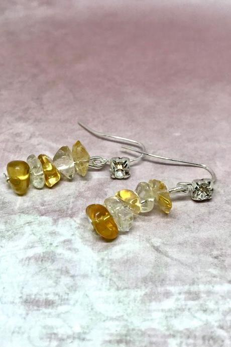 Drop earrings with citrine Quartz and a diamante stone