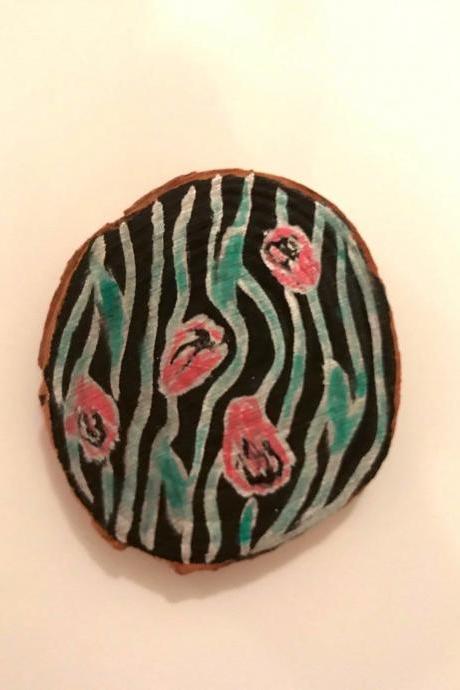 Pink flowers painted on wood magnet