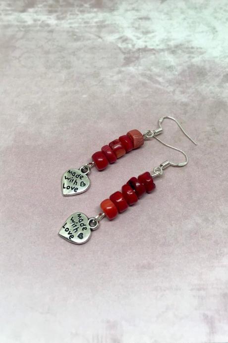 Red coral gemstone drop earrings